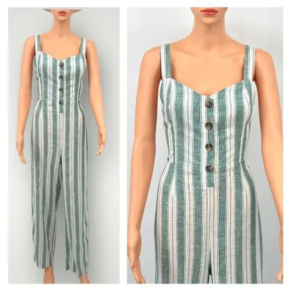 Womens Linen Blend Jumpsuit M Kelly Green Striped Wide Leg Sleeveless Tie Back - Picture 10 of 11